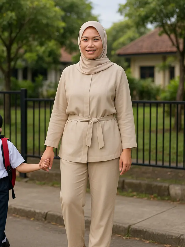 Inspirasi Baju Simpel Antar Anak Sekolah untuk Ibu-ibu Berhjiab (Foto: ChatGPT)