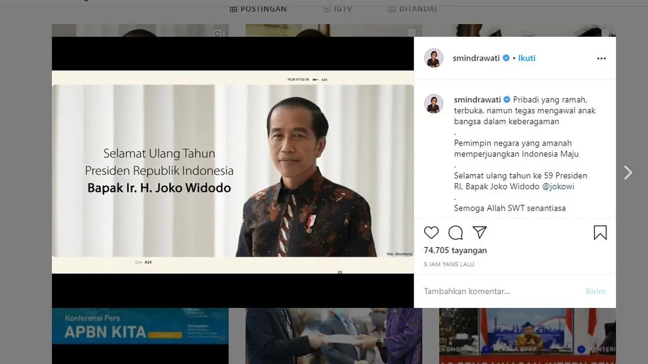 Ucapan ulang tahun dari Menteri Keuangan Sri Mulyani untuk Presiden Joko Widodo atau Jokowi