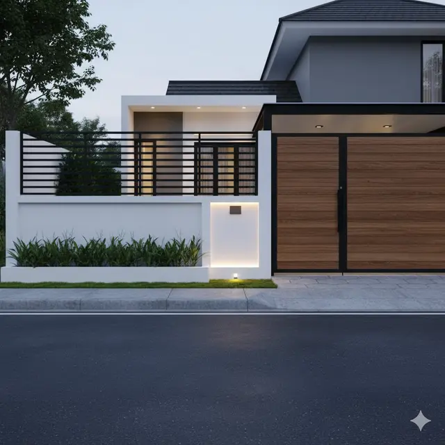Desain Pagar Rumah dengan Kombinasi Besi dan Tembok. Gemini