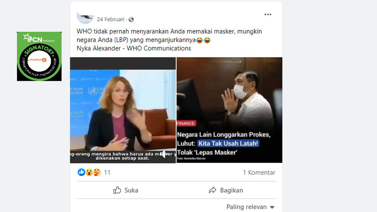 Tangkapan layar klaim WHO tidak pernah menyarankan memakai masker,
