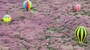 Foto udara yang diambil pada 6 Oktober 2023 ini menunjukkan orang-orang mengambil foto di antara rumput pink muhly di sebuah taman di Nanjing, di provinsi Jiangsu timur, China. (STR/AFP)