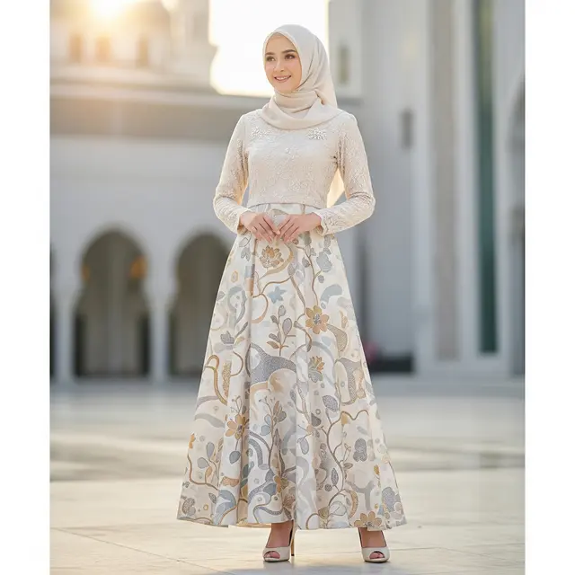 Model Gamis Batik Brokat Ivory Terbaru untuk Ramadan 2026