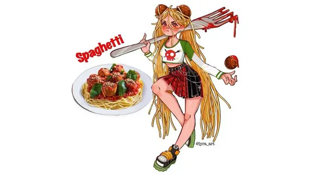 Lyra menggambarkan spageti sebagai seorang cewek yang berambut panjang.