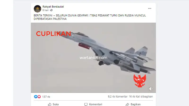 Cek Fakta Liputan6.com menelsuri klaim video pesawat Turki dan Rusia muncul di perbatasan Palestina