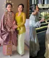 Rachel Vennya tampil dengan dua busana saat menjadi bridesmaid sahabatnya. Saat acara akad mengenakan kebaya, sedangkan resepsi mengenakan dress. (@rachelvennya)