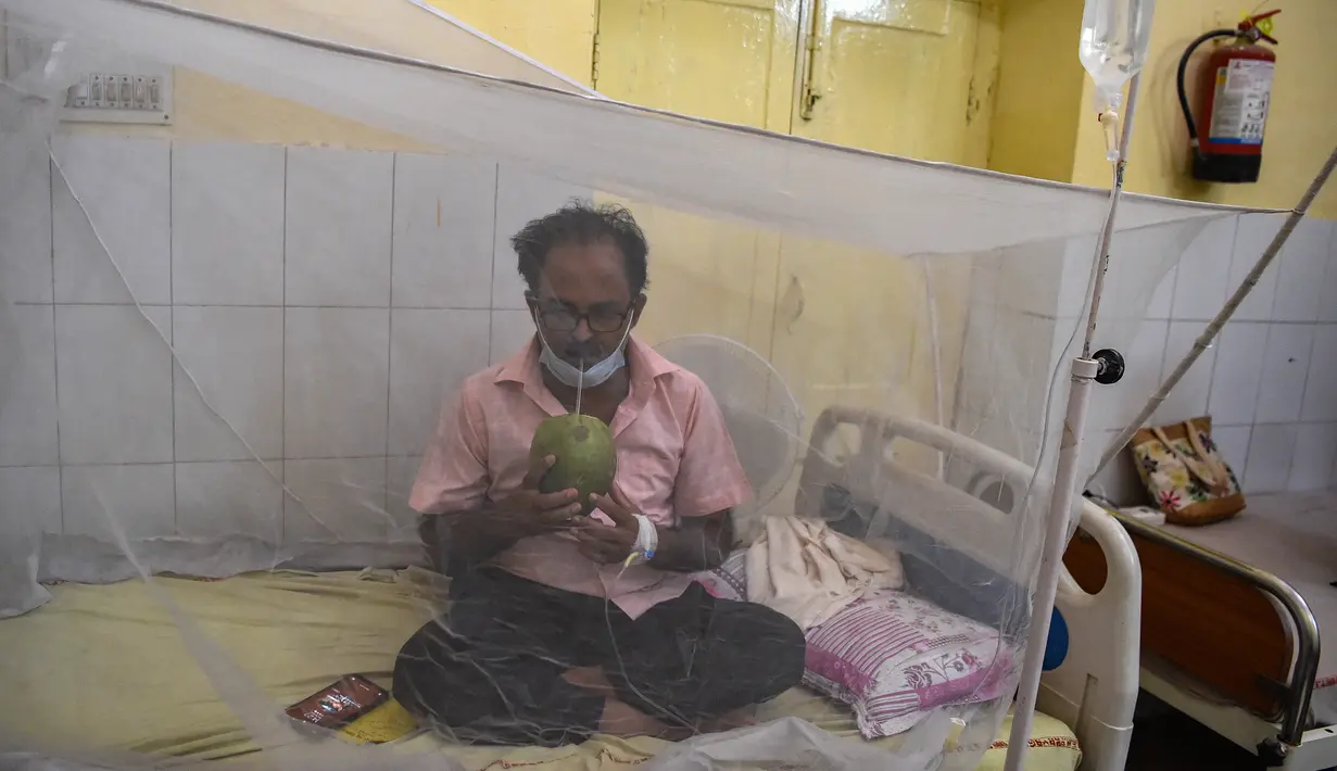 Seorang pasien minum air kelapa saat dia duduk di bawah kelambu di bangsal demam berdarah sebuah rumah sakit pemerintah di Allahabad, India (30/8/2021). (AFP/Sanjay Kanojia)