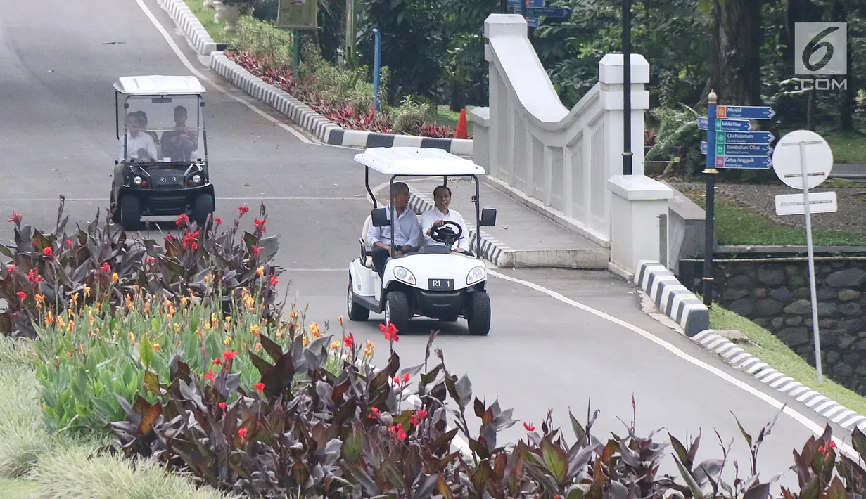 Presiden Jokowi dan Presiden AS ke-44, Barack Obama menaiki mobil golf mengelilingi Kebun Raya Bogor, Jumat (30/6). Di belakang, Ibu Negara Iriana dan Kaesang Pangarep juga mengendarai golf car untuk mengeliling Kebun Raya. (Liputan6.com/Angga Yuniar)