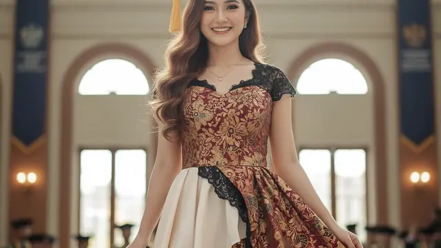 Dress Wisuda Batik Brokat Asimetris Pendek