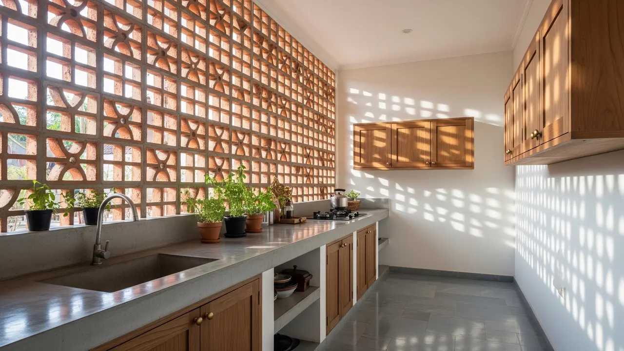 Inspirasi Dapur Belakang dengan Ventilasi Roster Sepanjang Dinding sebagai Solusi Tanpa Bau dan Lembap