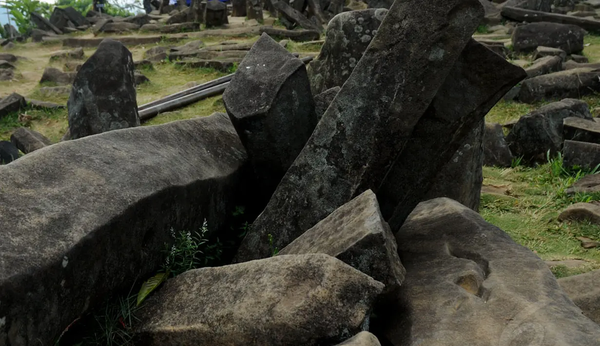 Sebuah batu berlambang Kujang (senjata khas Jawa Barat), terdapat di areal situs Gunung Padang di Kampung Cimanggu, Cianjur, Jawa Barat, (19/9/2014). (Liputan6.com/Helmi Fithriansyah)