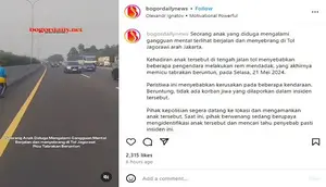 Tiga unit mobil terlibat tabrakan beruntun di ruas Tol Jagorawi KM 21, Kabupaten Bogor, Jawa Barat pada Selasa (21/5/2024). Kecelakaan itu terjadi lantaran seorang bocah menyeberang jalan. (Instagram @bogordailynews)