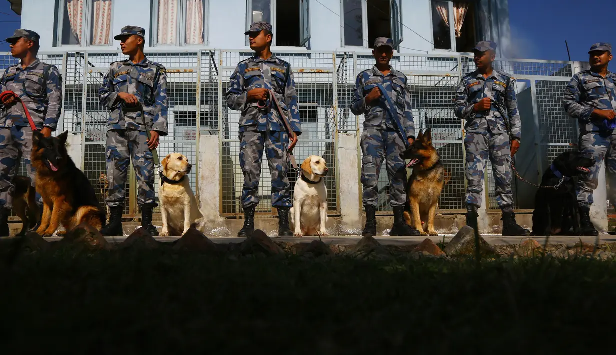 Personel Angkatan Bersenjata Nepal berdiri bersama anjing polisi selama perayaan festival Tihar di Kathmandu, Minggu (27/10/2019). Di festival Ini, anjing-anjing mendapat perlakuan istimewa, mulai pagi hari mereka didandani, diberi makan dan dimanja seharian penuh. (AP/Niranjan Shrestha)
