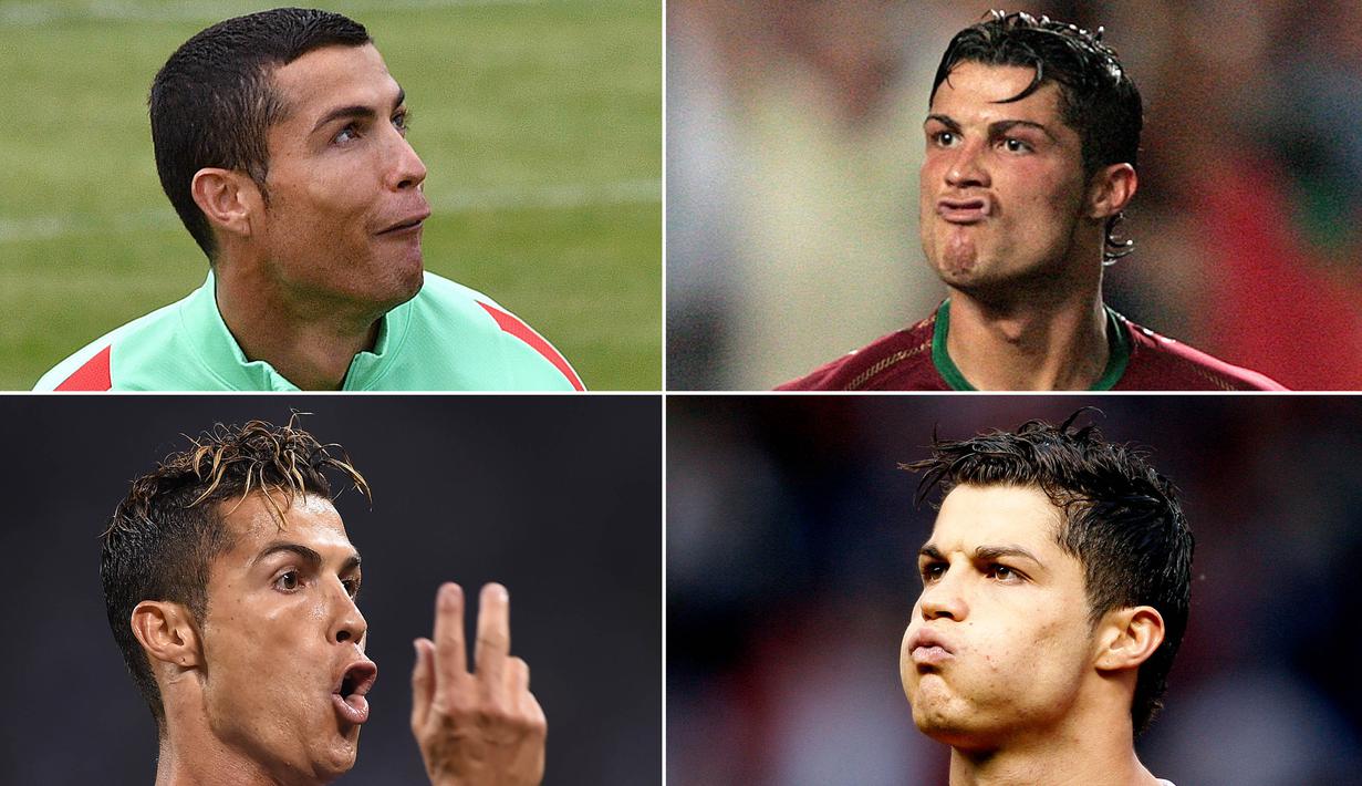 Berikut ini kumpulan mimik unik dari Cristiano Ronaldo saat bermain untuk Real Madrid, Portugal dan juga Manchester United. (Kolase foto-foto dari AFP)