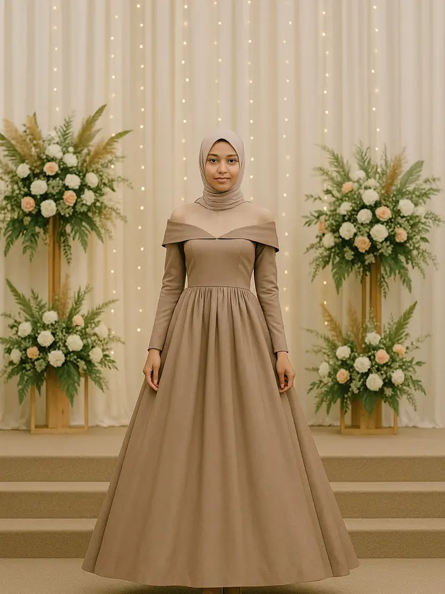 Potret Gaun Pesta Modern Ball Gown dengan Model Off-Shoulder/Via Chat GPT