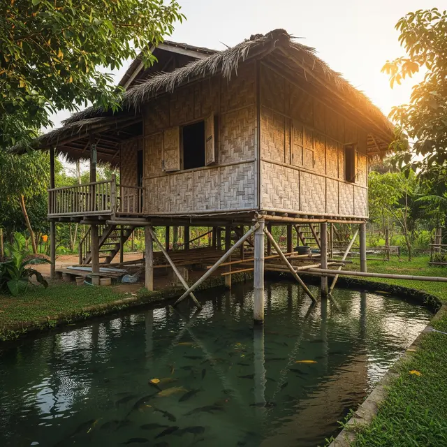 Contoh Rumah Sederhana di Desa dengan Suara Gemericik Air yang Menenangkan (Image by Gemini AI)