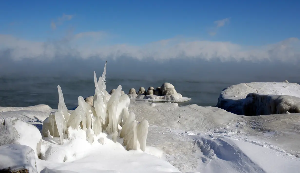 Es menutupi garis pantai Danau Michigan ketika suhu turun hingga -20 derajat F (-29C) di Chicago, Illinois, Rabu (30/1). Suhu di beberapa negara bagian AS menurun drastis, sampai diprediksi bakal lebih dingin dibanding Antartika. (JOSHUA LOTT / AFP)