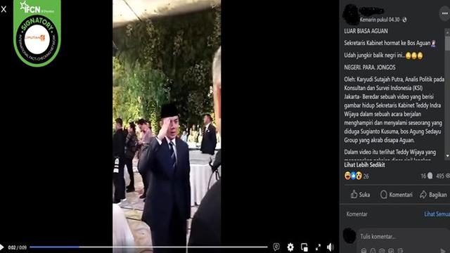 Gambar tangkapan layar video yang diklaim Seskab Mayor Teddy Indra Wijaya memberikan hormat kepada pengusaha Sugianto Kusuma alias Aguan. (sumber: Facebook)