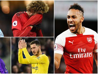 Pierre-Emerick Aubameyang dan Mohamed Salah berada di puncak top scorer sementara Premier League dengan 10 Gol. Berikut pemain yang masuk bursa pencetak gol terbanyak liga Inggris. Diantaranya, Sergio Aguero dan Eden Hazard. (Foto Kolase AP dan AFP)