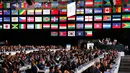 Suasana kongres FIFA di Moskow, Rusia, Rabu (13/6). Amerika Serikat, Meksiko, dan Kanada yang mengajukan sebagai tuan rumah bersama pada Piala Dunia 2018 bersaing dengan Maroko. (AP Photo/Alexander Zemlianichenko)
