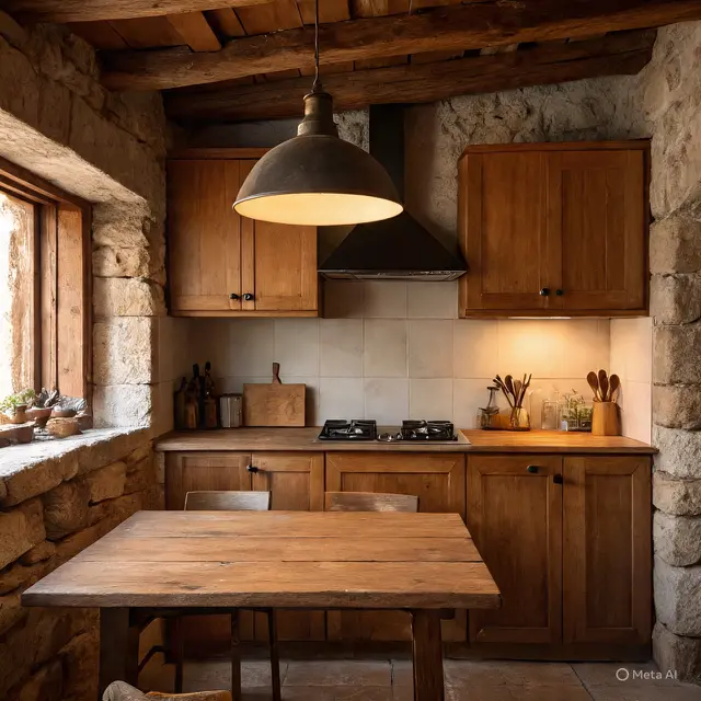 Model Dapur Rustic Sederhana dari Kayu Lokal di Rumah Kampung. Gemini