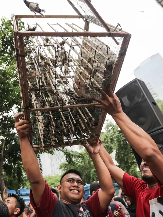Peserta melepas burung pada acara Family Day Artha Graha Peduli (AGP) di Pasar Akhir Pekan SCBD, Jakarta, Minggu (25/11). Sebanyak 2000 burung pipit dan 600 merpati dilepas. (Liputan6.com/Fery Pradolo)