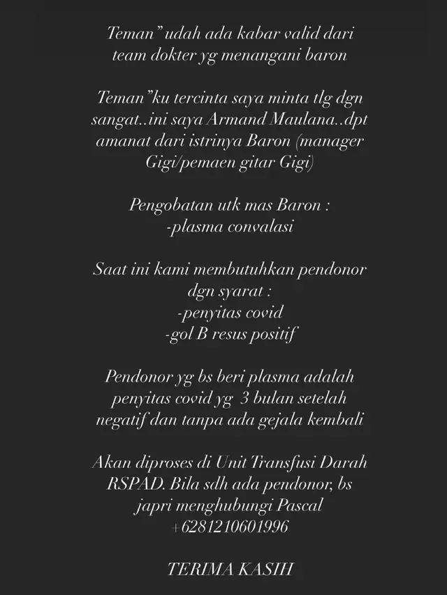 Pengumuman tentang kondisi kesehatan Aria Baron yang diunggah Armand Maulana.