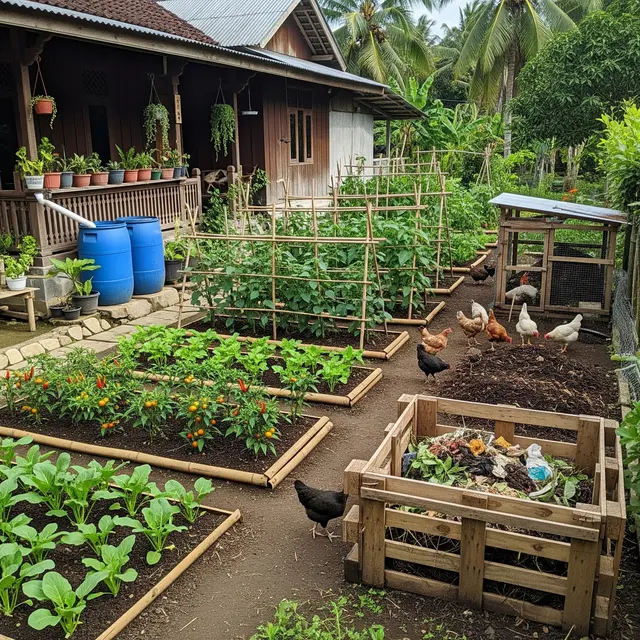 Siklus Pangan Mandiri dari Sayur, Ternak, dan Kompos di Halaman Rumah (AI)