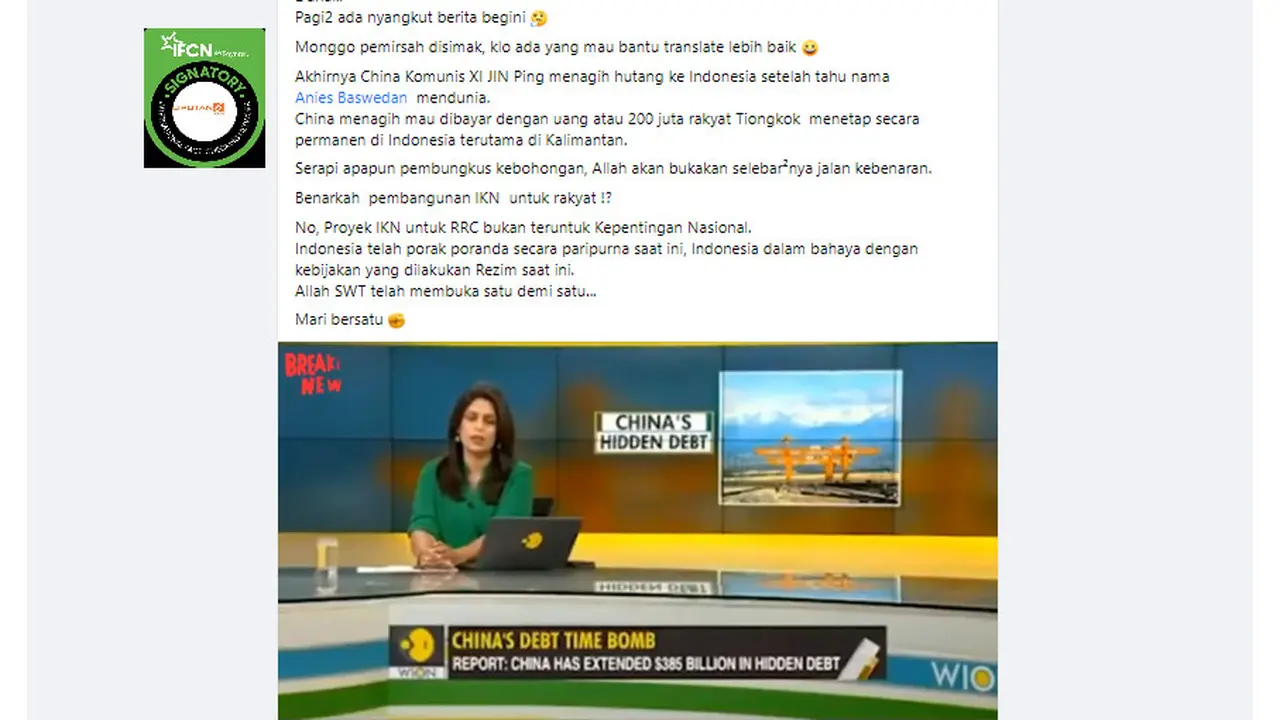 Tangkapan layar klaim berita Presiden China tagih uang pembayaran utang atau 200 juta rakyatnya menetap permanen di Indonesia