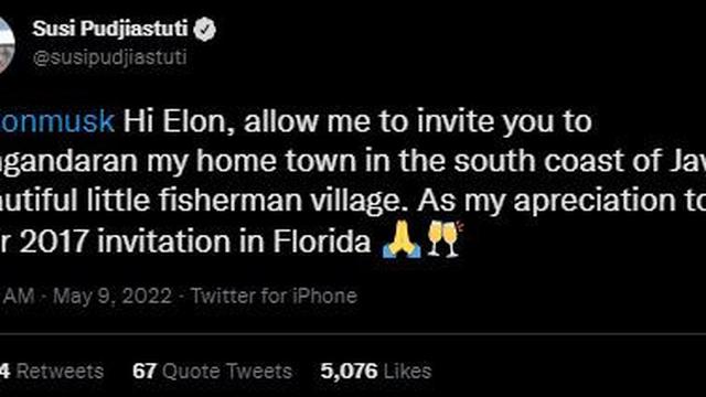 Cuitan Susi Pudjiastuti untuk Elon Musk. (Twitter/ susipudjiastuti)
