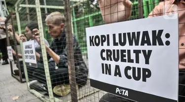 Aktivis People for the Ethical Treatment of Animals (PETA) mengurung diri di dalam kandang saat aksi teatrikal mengecam eksploitasi luwak untuk kepentingan produksi kopi di depan Kantor Kementerian Lingkungan Hidup dan Kehutanan (KLHK), Jakarta, Rabu (25/1/2023). Aktivis PETA mengurung diri di dalam kandang sebagai bentuk protes dan mendesak pihak berwenang melarang peternakan luwak untuk kepentingan produksi kopi. (merdeka.com/Iqbal S Nugroho)