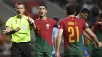 Cristiano Ronaldo. Bintang Portugal yang musim 2022/2023 ini tak lagi jadi pilihan utama di lini depan Manchester United ini menjadi pemain Setan Merah dengan jumlah penampilan terbanyak bersama timnas. Hingga kini ia telah mengoleksi 191 caps bersama Timnas Portugal sejak melakukan debut pada 20 Agustus 2003 dan menjadi pemain Eropa pengoleksi caps terbanyak sepanjang sejarah. Total 117 gol dan 43 assist telah dicetaknya bersama Timnas Portugal yang akan berlaga di putaran final Piala Dunia 2022 Qatar. (AFP/Miguel Riopa)