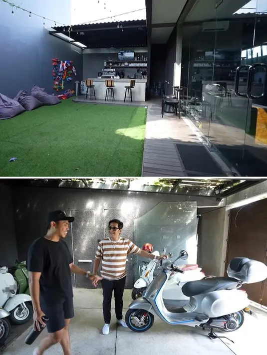 <p>Terpisah dari rumah inti, ada garasi yang penuh dengan kolesi Vespa dan mobil milik Ditto. Setelah garasi, ada area bermain dan santai yang didesain seperti kafe. [Foto: YouTube.com/TAULANY TV]</p>