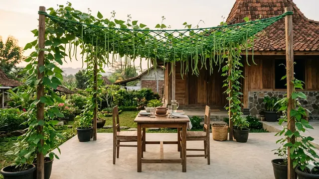 Ide Kebun Buncis Gantung Memanfaatkan Rafia. AI