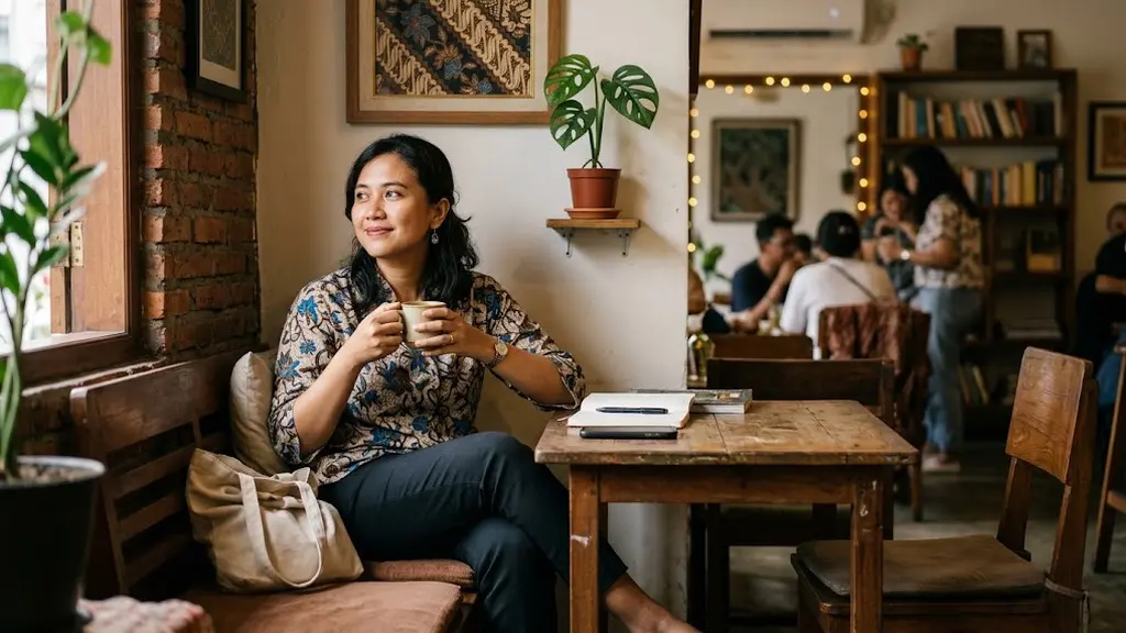 Perempuan duduk di sudut ruangan. [AI Generated]