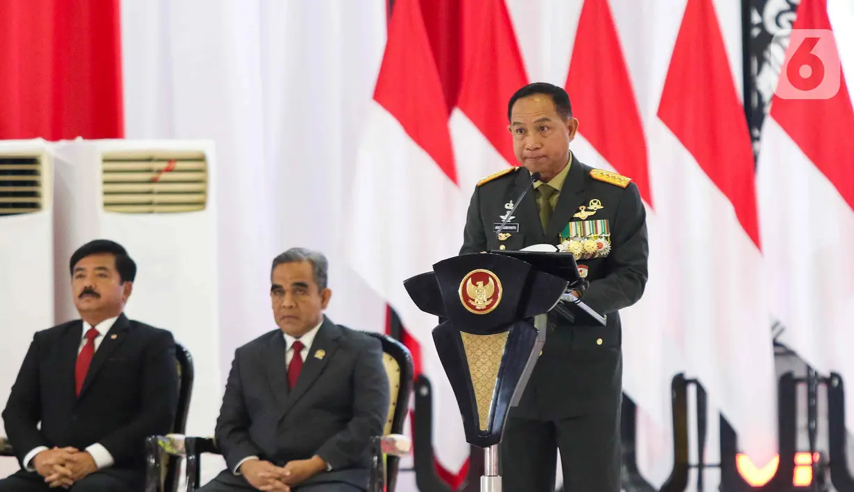 Panglima TNI Jenderal Agus Subiyanto saat Rapat Pimpinan (Rapim) TNI dan Polri Tahun 2024 di Mabes TNI, Jakarta, Rabu (28/2/2024). (Liputan6.com/Herman Zakharia)