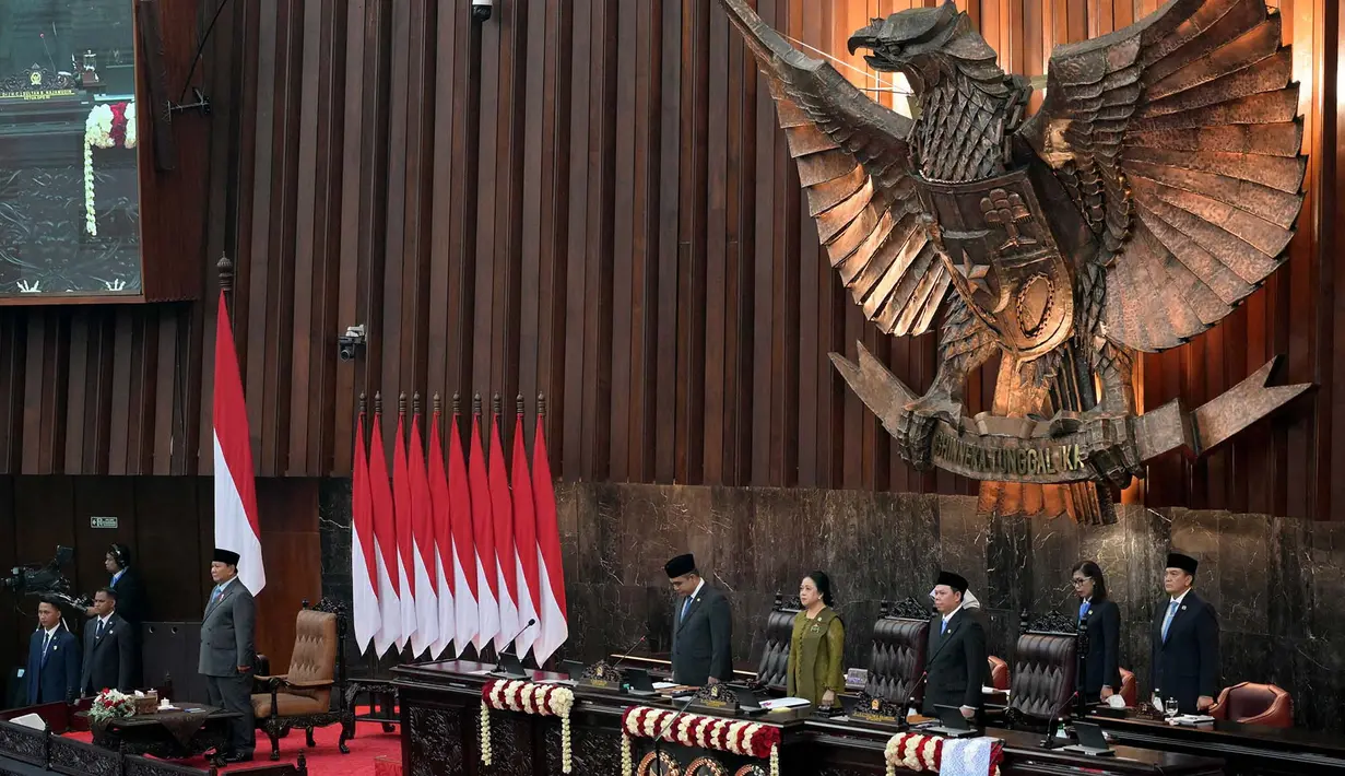 Presiden Indonesia Prabowo Subianto  saat menghadiri Sidang Tahunan MPR RI dan Sidang bersama DPR dan DPD RI tahun 2026 di Gedung Nusantara, Kompleks Parlemen, Senayan, Jakarta, Jumat, 14 Agustus 2026. (AFP/ Bay Ismoyo)