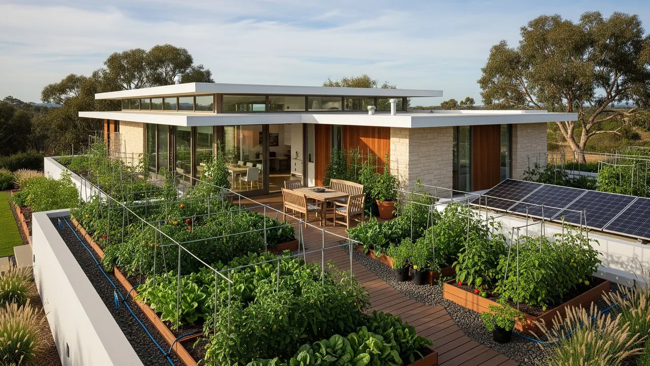 Rumah Ramah Lingkungan dengan Kebun Sayur Rooftop (Gemini AI)