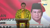 Ketua Umum Partai Golkar, Airlangga Hartarto&nbsp;saat mengumumkan Prabowo Subianto dan Gibran Rakabuming Raka sebagai bakal capres-cawapres&nbsp;Pemilu 2024 di Rapimnas Partai Golkar, Jakarta, Sabtu (21/10/2023). (YouTube Liputan6)