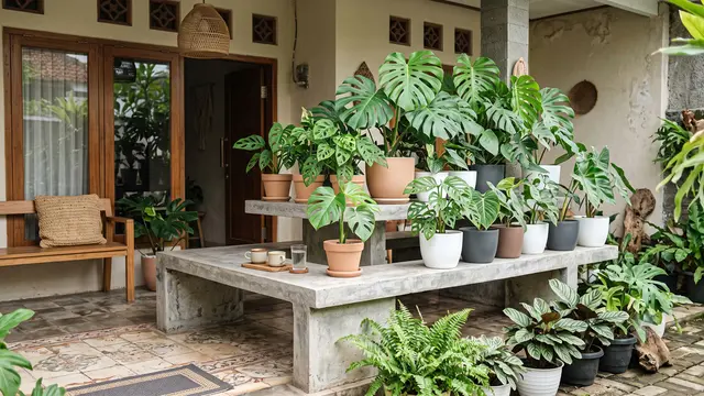 Ide Teras Rumah dengan Meja Semen dan Tanaman Monstera