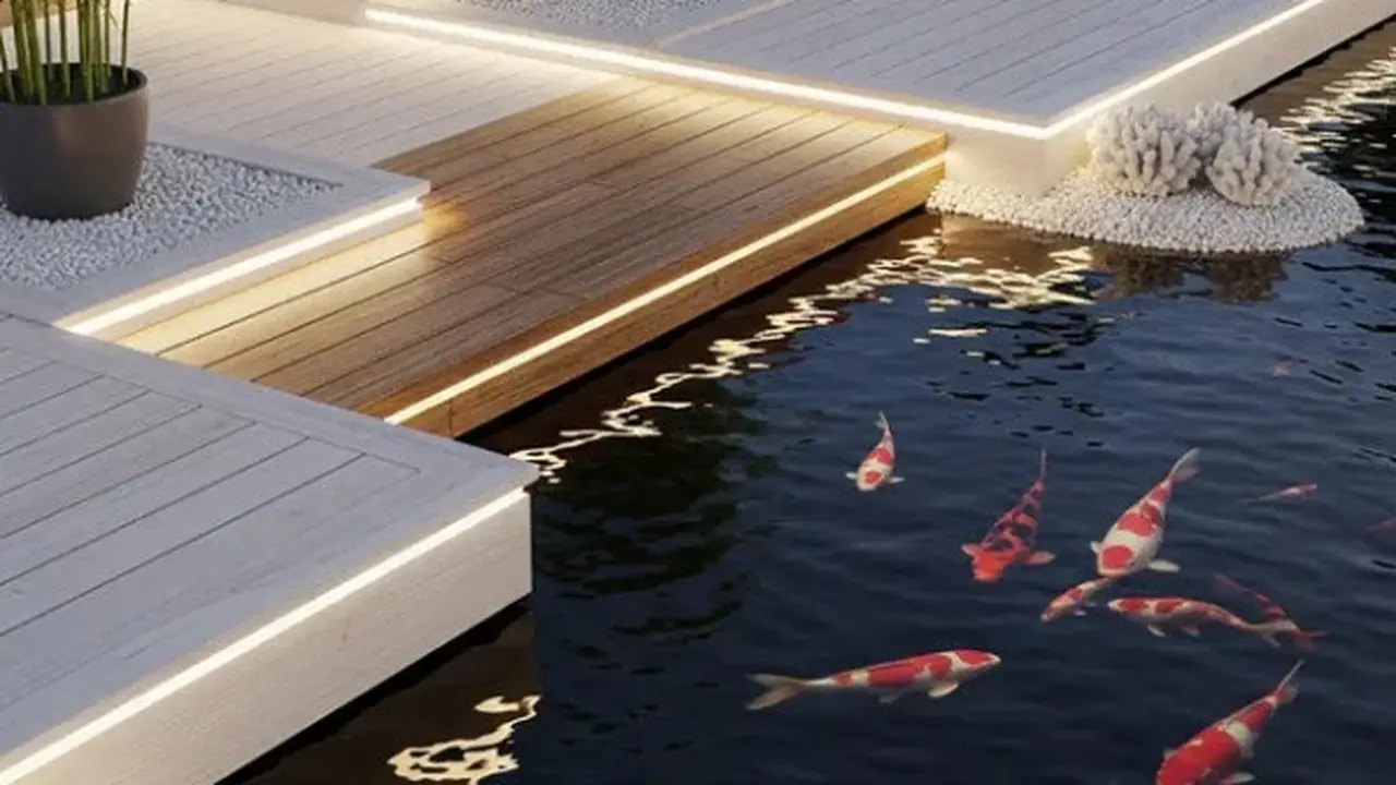 Kolam Ikan Minimalis dengan Lampu Taman yang Hangat (Image by Gemini AI)