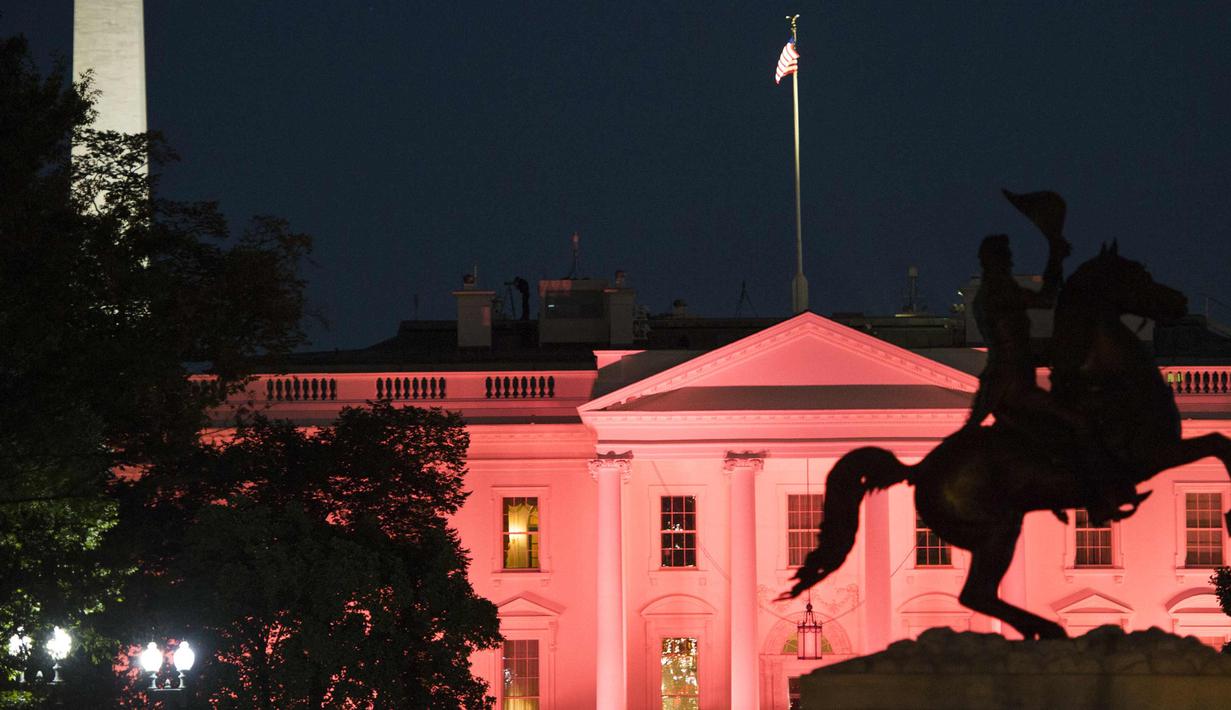 Patung Andrew Jackson terlihat dengan latar belakang Gedung Putih yang diterangi warna pink memperingati bulan kesadaran Kanker Payudara di Washington, DC, AS (1/10). (AFP Photo/Andrew Caballero Reynolds)