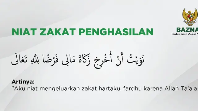 Lafal niat zakat penghasilan yang merupakan bagian dari zakat mal. (Foto: Baznas)