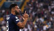 Pemian PSG, Goncalo Ramos melakukan selebrasi setelah mencetak gol penyeimbang 2-2 ke gawang Tottenham Hotspur dalam laga final UEFA Super Cup yang berlangsung di Bluenergy Stadium, Udinese, Italia, Rabu (13/08/2025) waktu setempat. (AFP/Franck Fife)