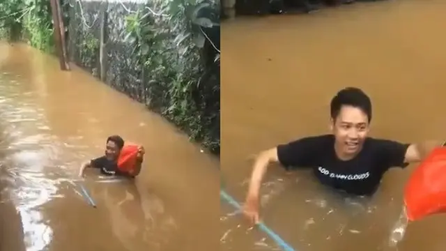 kisah heroik pria terjang banjir demi antar makanan