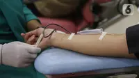 Petugas melakukan pengambilan darah pendonor di PMI Kota Tangerang, Sabtu (12/3/2022). Stok darah di PMI kota Tangerang menjelang bulan puasa atau Ramadhan masih aman dalam beberapa hari ke depan. (Liputan6.com/Angga Yuniar)