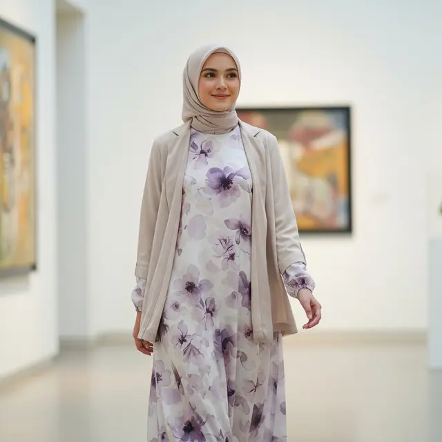Gamis Motif Bunga Soft dengan Blazer Tipis