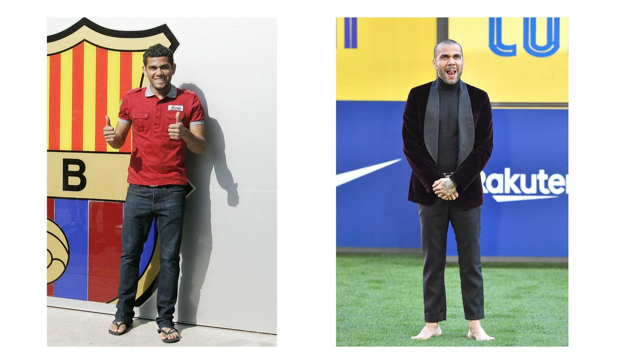 Dani Alves akhirnya kembali ke Barcelona setelah lima tahun berselang. Menariknya, ia selalu tampil nyentrik saat diperkenalkan sebagai pemain baru Barcelona. Pada tahun 2008, ia terlihat hanya memakai sandal jepit, sedangkan sekarang, ia tak menggunakan alas kaki alias nyeker. (Foto Kolase: AFP)