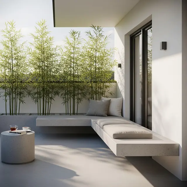 Teras Rumah dengan Bambu Jepang dan Bangku Cor (AI Generated)