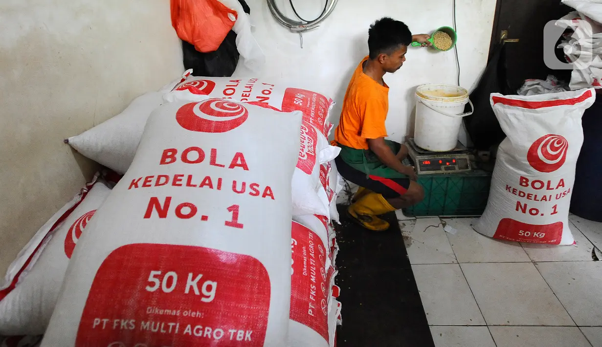 Pekerja menimbang kedelai untuk pembuatan tahu di Pabrik Tahu Krukut, Depok, Jawa Barat, Senin (31/10/2022). Kenaikan harga kedelai yang sekarang mencapai Rp 14 ribu/kg menyebabkan produksi tahu menurun dari 2,5 - 3 kwintal kedelai/hari kini hanya 2 kwintal/hari, sementara jumlah tenaga kerja pun harus dikurangi dari enam menjadi hanya lima orang. (merdeka.com/Arie Basuki)