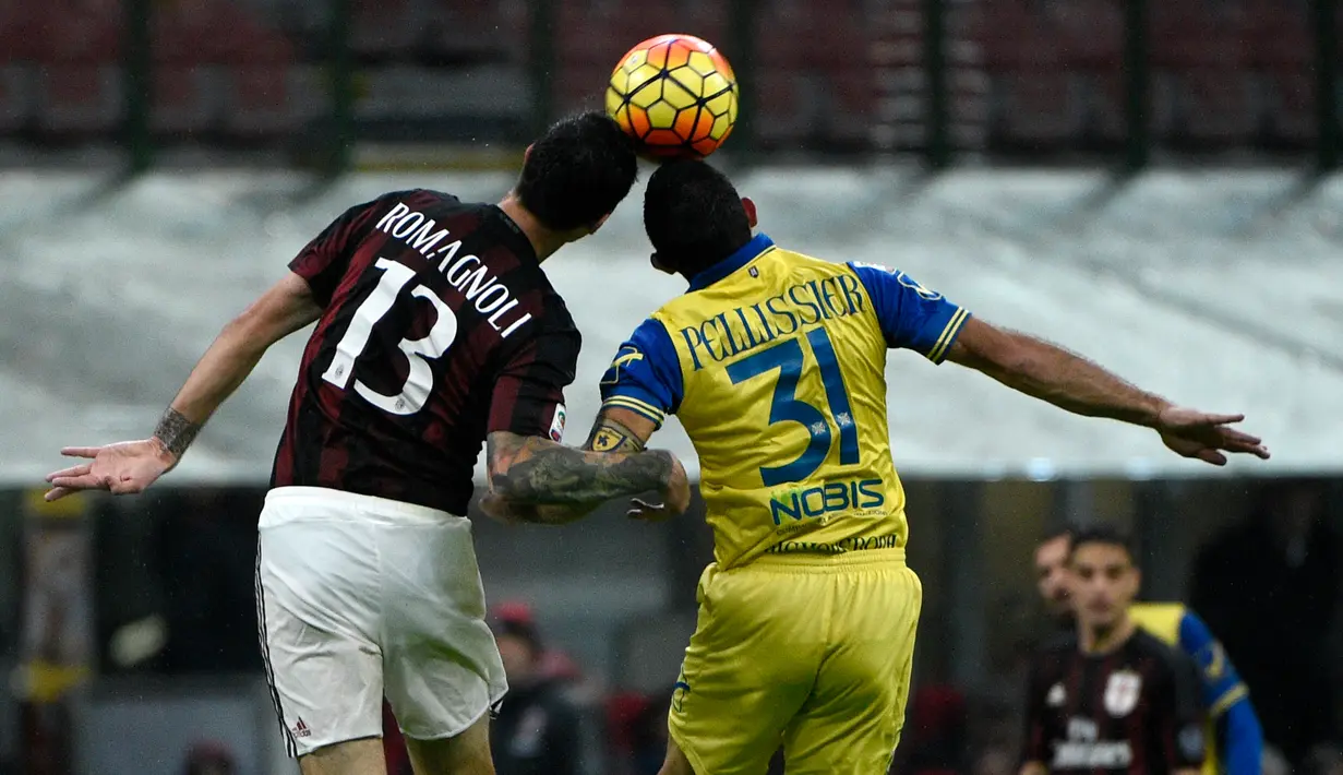 Bek AC Milan, Alessio Romagnoli (kiri) berebut bola udara dengan penyerang Chievo, Sergio Pellissier pada laga serie A di stadion San Siro, Italia (28/10/2015). AC Milan menang atas Chievo dengan skor 1-0. (AFP PHOTO/OLIVIER MORIN)